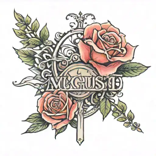 Roman numeral of August 17th with name inside and flower stem rose connected  tattoo design idea