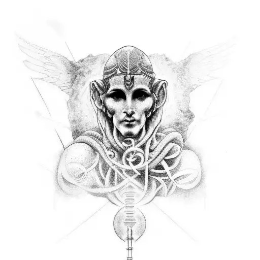 tattoo including annunaki god with creation of adam hands, DNA strand tattoo design idea