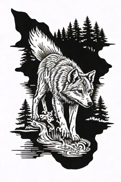 wolf cub and wolf reflection in water with forest scene tattoo design idea