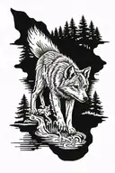 wolf cub and wolf reflection in water with forest scene tattoo design idea