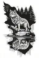 wolf cub and wolf reflection in water with forest scene tattoo design idea