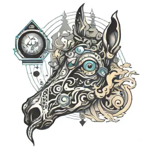 abstraction all over the hand, all in smoke contains elements cubes, eye, horse, moon tattoo design idea