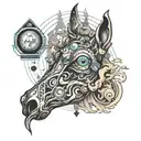 abstraction all over the hand, all in smoke contains elements cubes, eye, horse, moon tattoo design idea