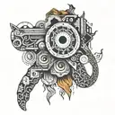 abstraction all over the hand, all in smoke contains elements cubes, eye, horse, moon tattoo design idea