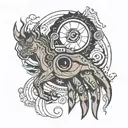 abstraction all over the hand, all in smoke contains elements cubes, eye, horse, moon tattoo design idea