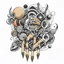 abstraction all over the hand, all in smoke contains elements cubes, eye, horse, moon tattoo design idea