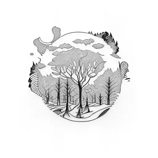 A tattoo where nature and drumming are central, preferably 5 trees, 2 big ones and 3 small ones. tattoo design idea