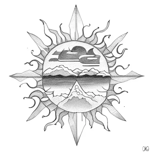 sun, ocean, mountains and cross tattoo design idea