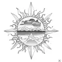 sun, ocean, mountains and cross tattoo design idea