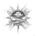 sun, ocean, mountains and cross tattoo design idea