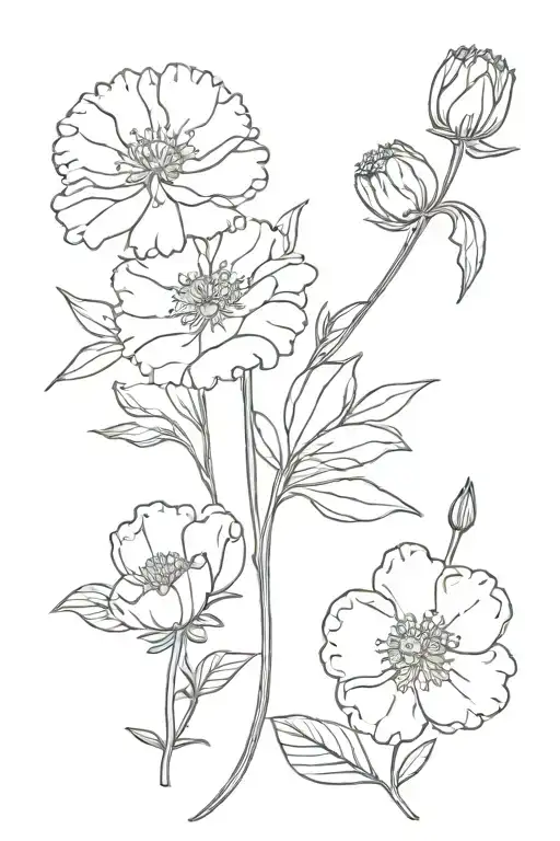 birth flowers: carnation, buttercup, aster flower tattoo design idea