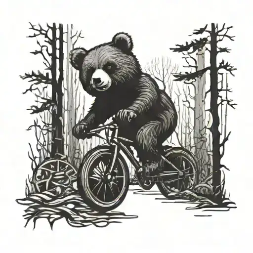 A gothic-inspired teddybear riding a bicycle through a dark forest tattoo design idea