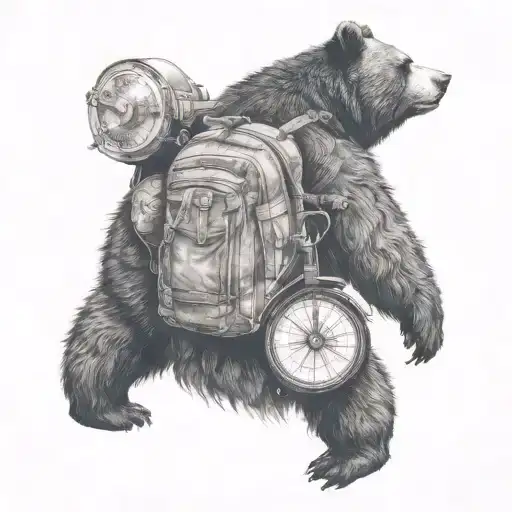 bear wearing backpack with intricate compass, bicycle tattoo design idea