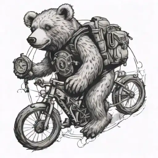 teddybear wearing backpack with compass, bicycle, tattoo design idea