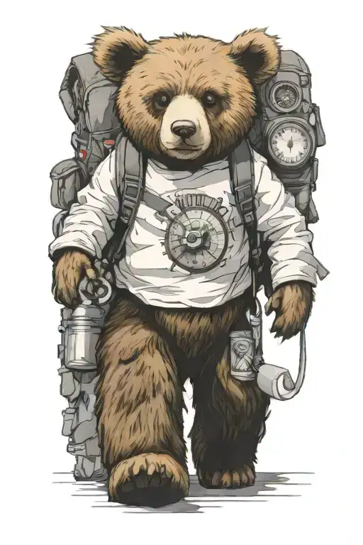 Teddybear Walking Wearing Backpack, background wind Compass tattoo design idea