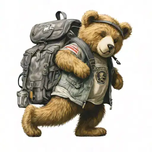 Teddybear Walking Wearing Backpack, big Compass north south background tattoo design idea