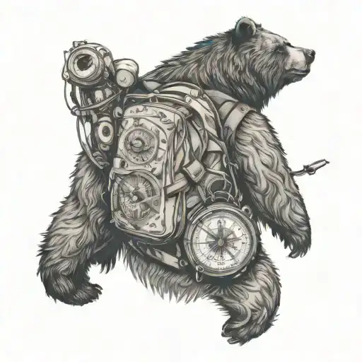 bear wearing backpack with intricate compass tattoo design idea