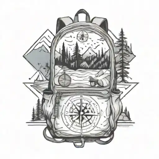 A backpack with compass symbols, surrounded by hiking trails, mountains, bear inside tattoo design idea