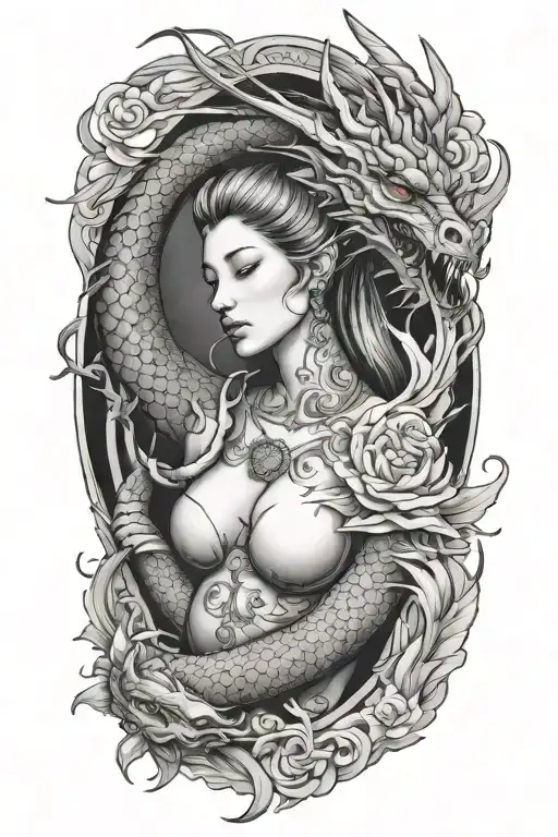 dragon and virgin lady tattoo design idea