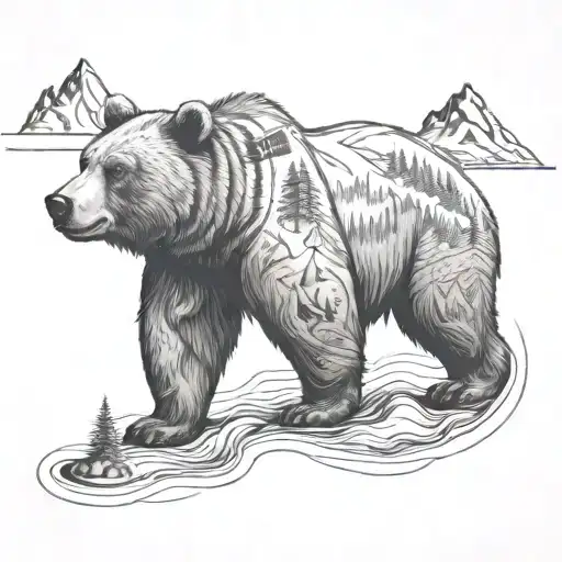 bear wearing backpack with intricate compass, surrounded by hiking trails and mountains tattoo design idea