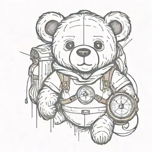 teddybear wearing backpack compass tattoo design idea