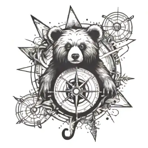 An anarchy symbol made of hiking trails and compass points, with a teddybear peeking out from behind it tattoo design idea