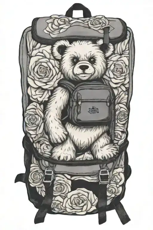 backpack where a cute teddybear peeps out from the inside, in the back a compas rose tattoo design idea