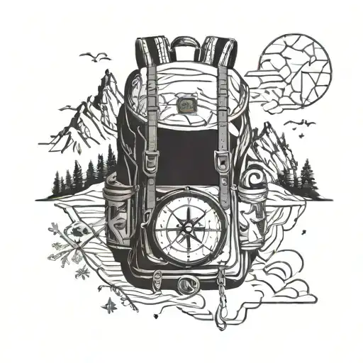 A backpack with compass symbols, surrounded by hiking trails, mountains, bearhead peeps out tattoo design idea