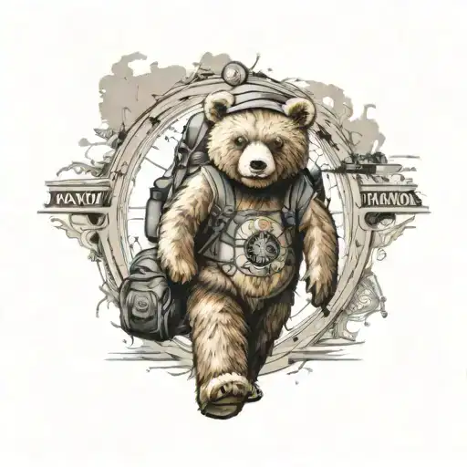 Teddybear Walking Wearing Backpack, big Compass background tattoo design idea