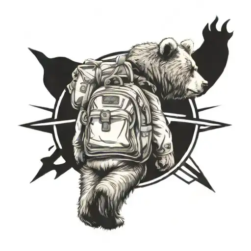 teddybear walking wearing backpack in front of compass tattoo design idea
