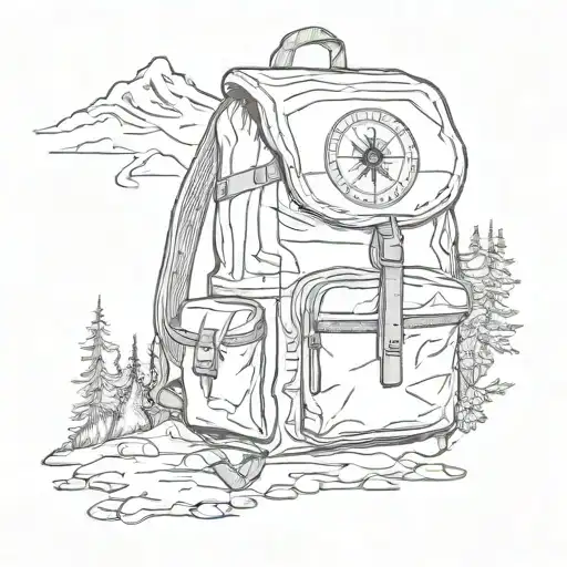 A backpack with compass symbols, surrounded by hiking trails, mountains, bearhead peeps out backpack tattoo design idea