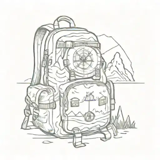 A backpack with compass symbols, surrounded by hiking trails, mountains, bearhead peeps out tattoo design idea