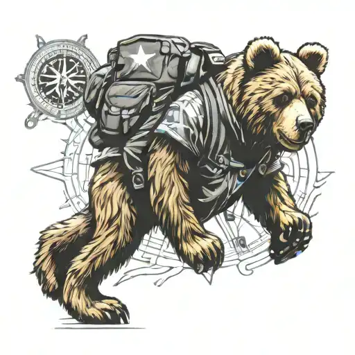Teddybear Walking Wearing Backpack, Compass rose as background tattoo design idea