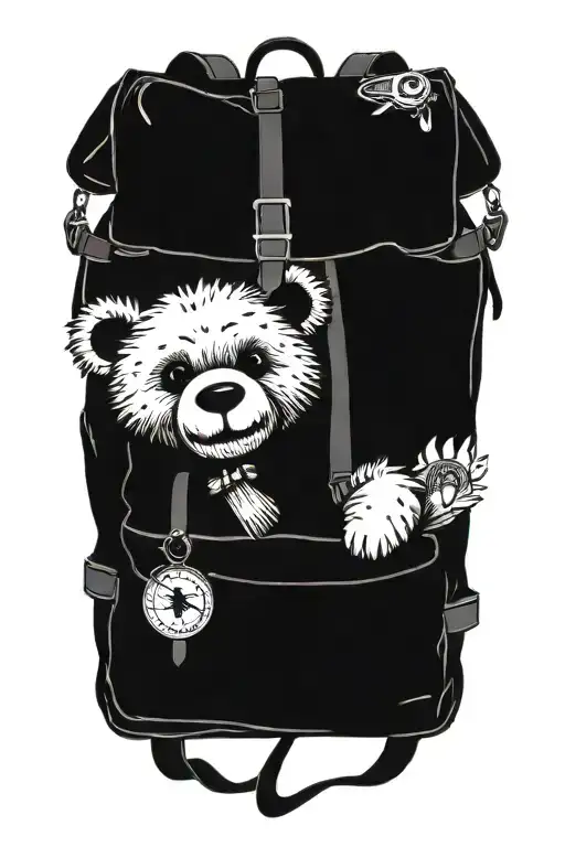 backpack where a smiling teddybear peeps out from the inside of the backpack, behind backpack compass, tattoo design idea