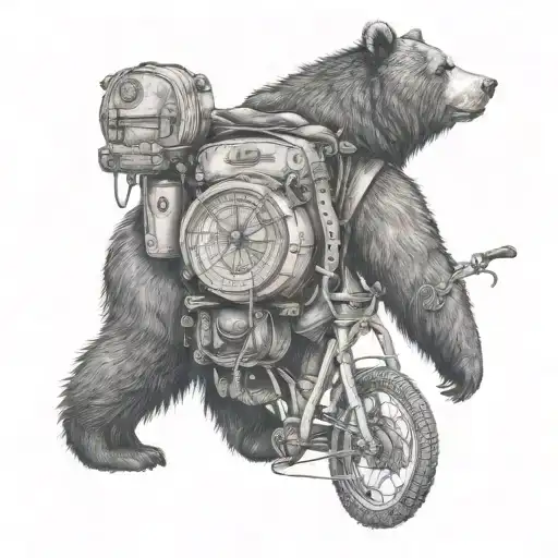 bear wearing backpack with intricate compass, bicycle tattoo design idea
