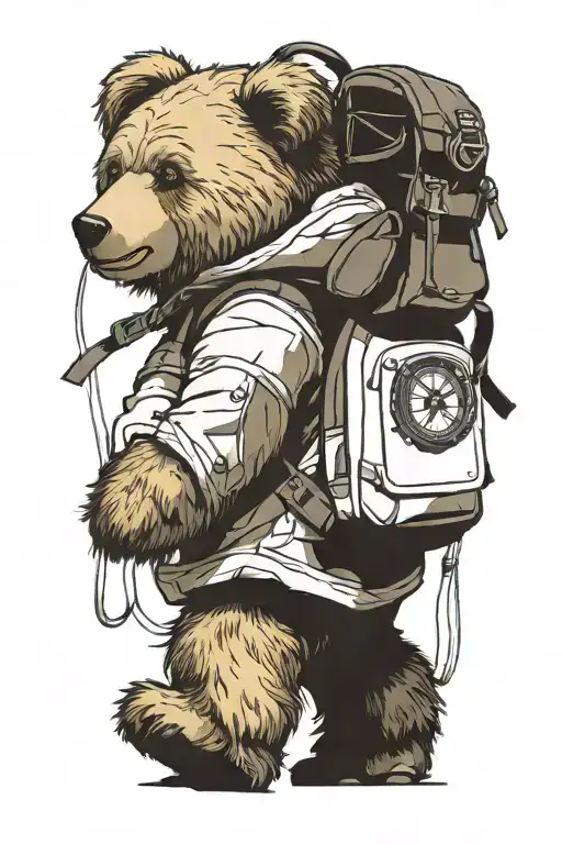 Teddybear Walking Wearing Backpack, wind Compass, mountain tattoo design idea