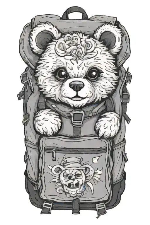 backpack where a smiling teddybear peeps out from the inside of the backpack, behind the backpack a compasrose tattoo design idea
