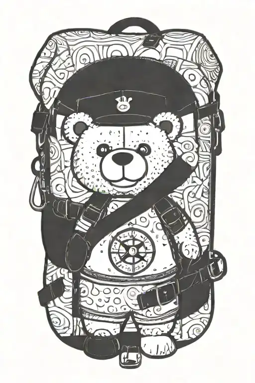 backpack smiling teddybear peeps inside of the backpack, compass, keychain bicycle  tattoo design idea