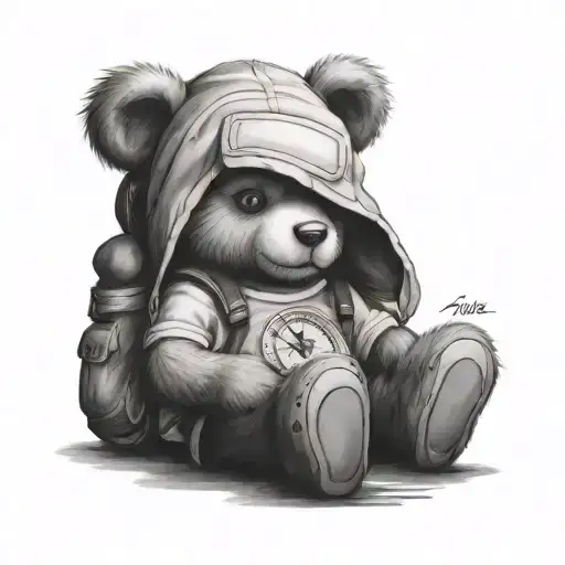 teddybear wearing backpack with compass, bicycle, tattoo design idea