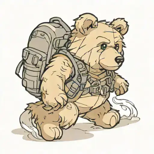 Teddybear Walking Wearing Backpack, wind Compass background tattoo design idea