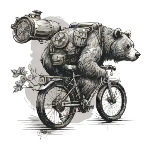 bear wearing backpack with compass, bicycle, anarchy symbol tattoo design idea