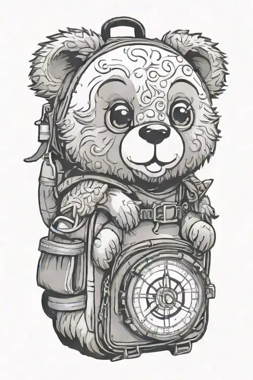 backpack where a smiling teddybear peeps out from the inside of the backpack, behind backpack compass, bycyclekeychain tattoo design idea