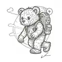 teddybear walking wearing backpack in front of compass tattoo design idea