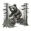 A gothic-inspired teddybear riding a bicycle through a dark forest tattoo design idea