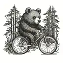 A gothic-inspired teddybear riding a bicycle through a dark forest tattoo design idea