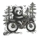 A gothic-inspired teddybear riding a bicycle through a dark forest tattoo design idea