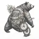 bear wearing backpack with intricate compass, bicycle tattoo design idea