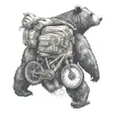 bear wearing backpack with intricate compass, bicycle tattoo design idea