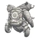 bear wearing backpack with intricate compass, bicycle tattoo design idea