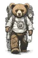 Teddybear Walking Wearing Backpack, background wind Compass tattoo design idea